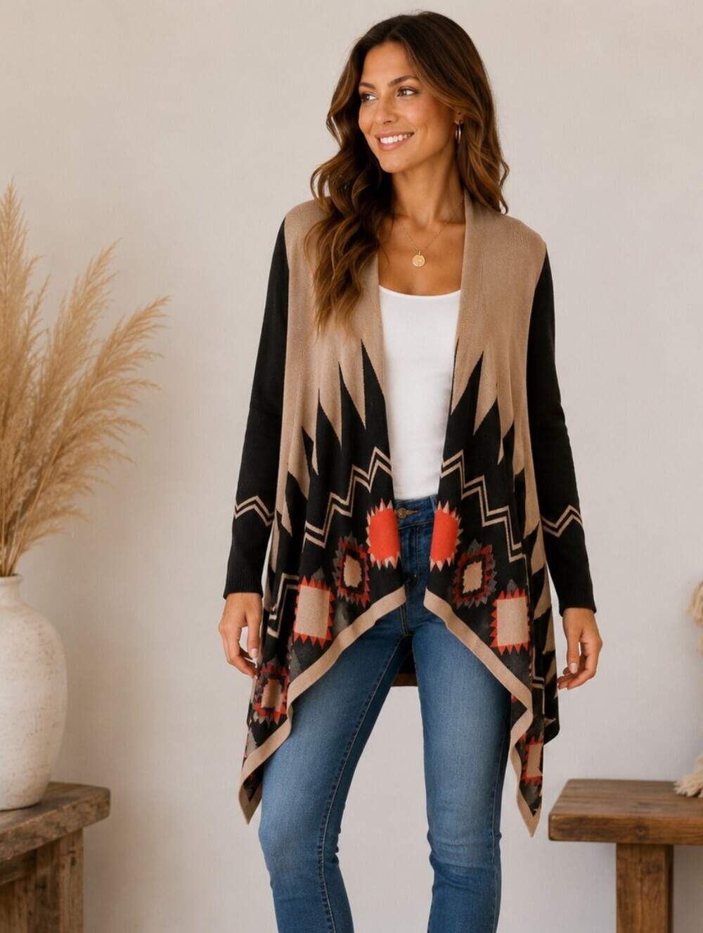 My Beloved Aztec Waterfall Open Front Cardigan Sweater S/M